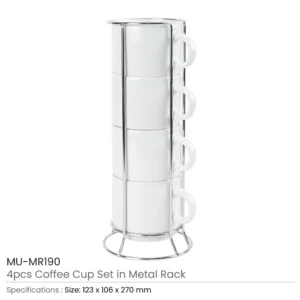 Ceramic Coffee Cups Set 4Pcs in Silver Metal Rack - Image 3