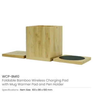 Foldable Bamboo Fast Wireless Charging Pad 15W with Mug Warmer and Pen Holder - Image 3